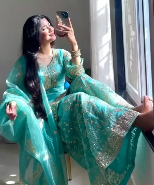 Sky Blue Readymade Silk Pakistani Plazzo Dress