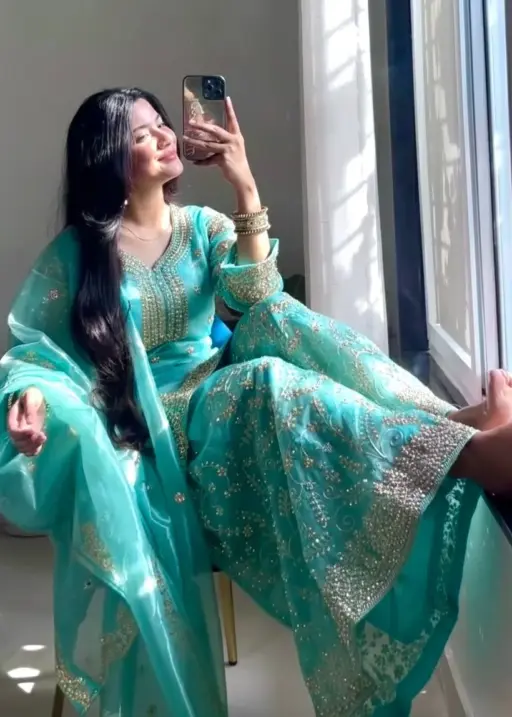 Sky Blue Readymade Silk Pakistani Plazzo Dress