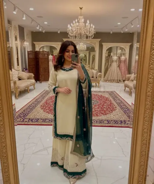 Stylish Cream Readymade Pakistani Plazzo Set | Eid Suits