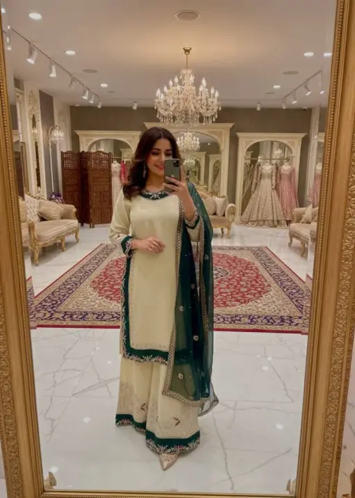 Stylish Cream Readymade Pakistani Plazzo Set | Eid Suits