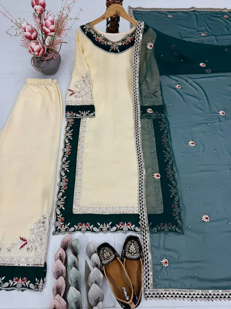 Stylish Cream Readymade Pakistani Plazzo Set | Eid Suits - Image 3