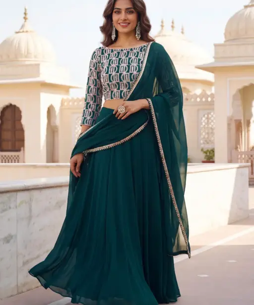 Teal Green Embroidered Georgette Lehenga Set