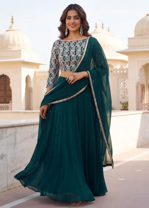 Teal Green Embroidered Georgette Lehenga Set