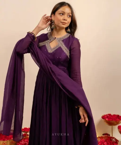Trending Neck Pattern Purple Anarkali Dress | Trending Suits