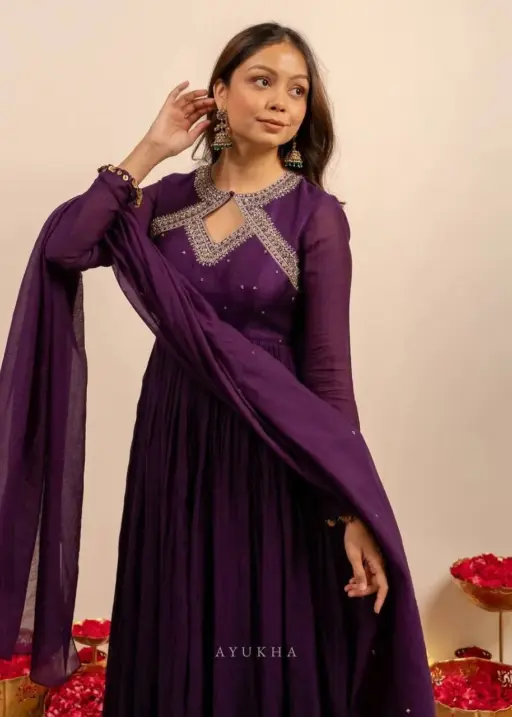Trending Neck Pattern Purple Anarkali Dress | Trending Suits