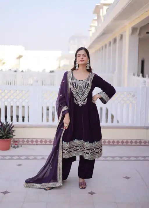 Violet Velvet Pakistani Style Embroidery Suit for Eid