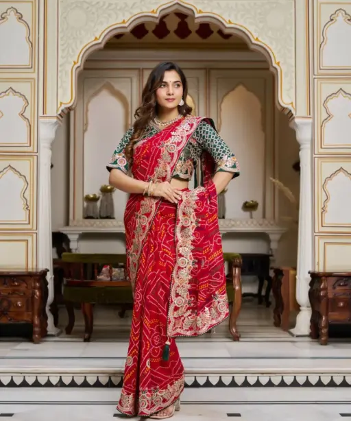 Wedding Red Bandhni Saree with Gota Border