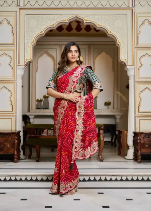 Wedding Red Bandhni Saree with Gota Border