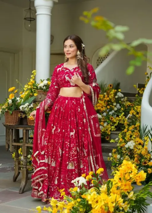 Wedding Red Peacock Embroidery Lehenga