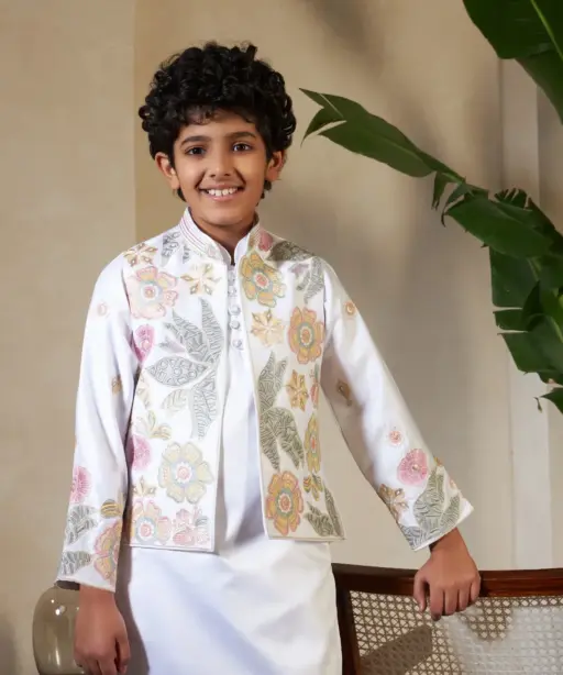 white color small boys wedding kurta with koti