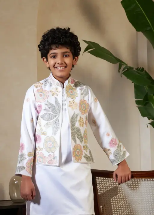 white color small boys wedding kurta with koti