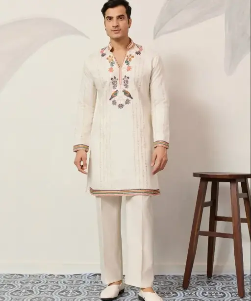White Embroidery Mens Kurta Set for Barat