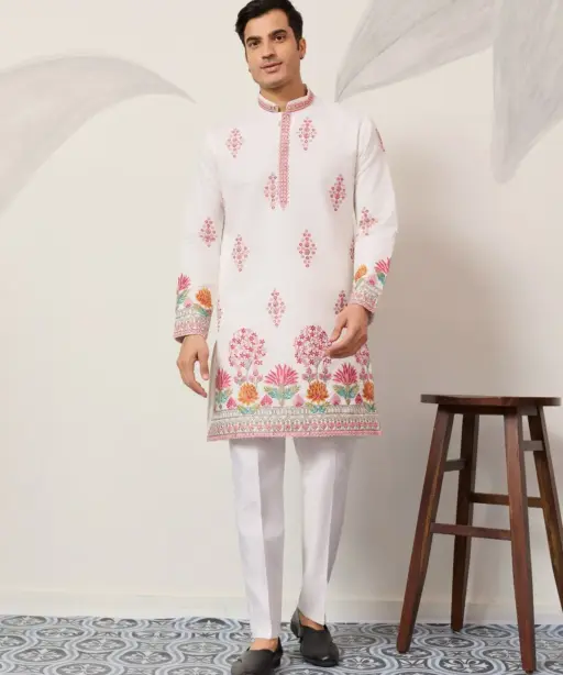 White Men Kurta with Pink Embroidery