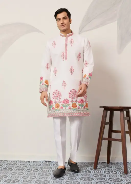 White Men Kurta with Pink Embroidery