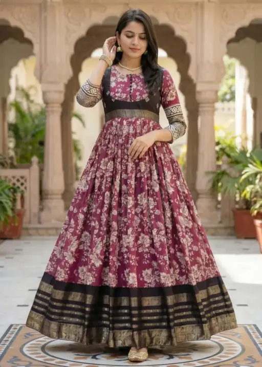 Wine Color Kalamkari Party Gown
