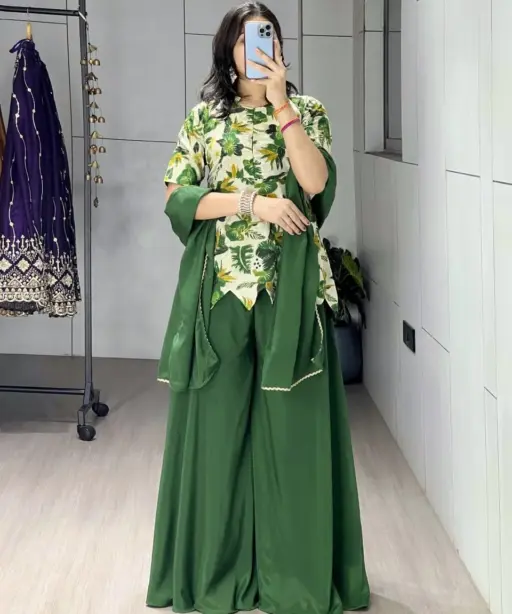 Women's Floral Embroidery Short Top with Plazzo Dress