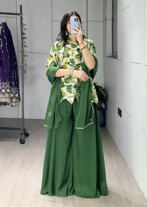 Women's Floral Embroidery Short Top with Plazzo Dress