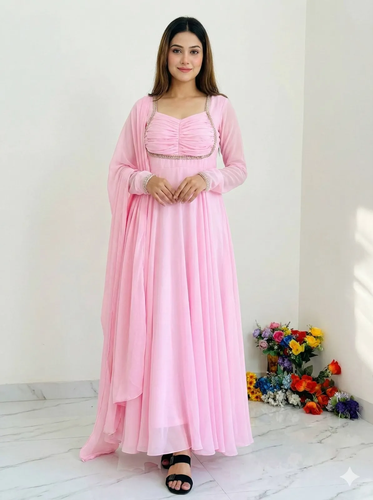 Baby Pink Sabyasachi Neck Gown Dupatta
