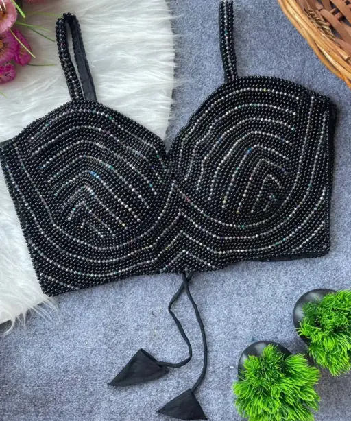 Black Color Pearl Moti Spaghetti Blouse