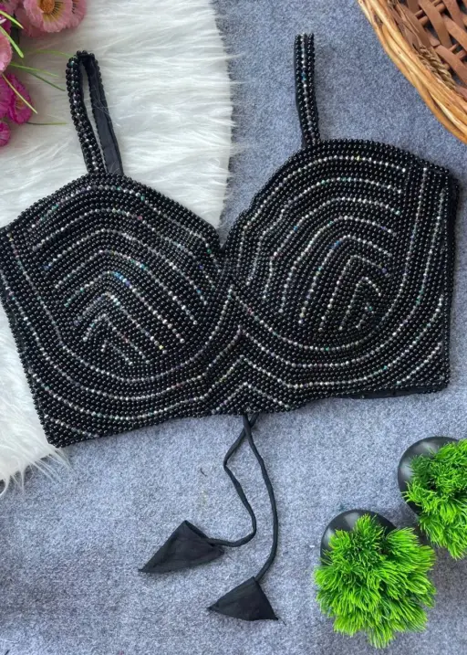 Black Color Pearl Moti Spaghetti Blouse