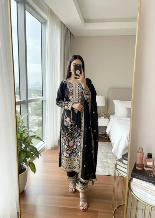 Black Embroidery Plazzo Readymade Pakistani Suit set