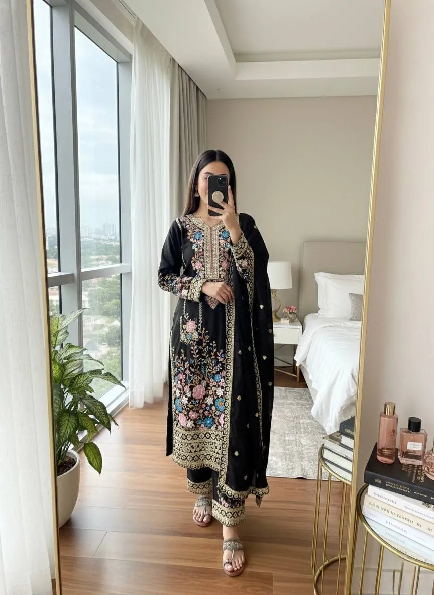 Black Embroidery Plazzo Readymade Pakistani Suit set