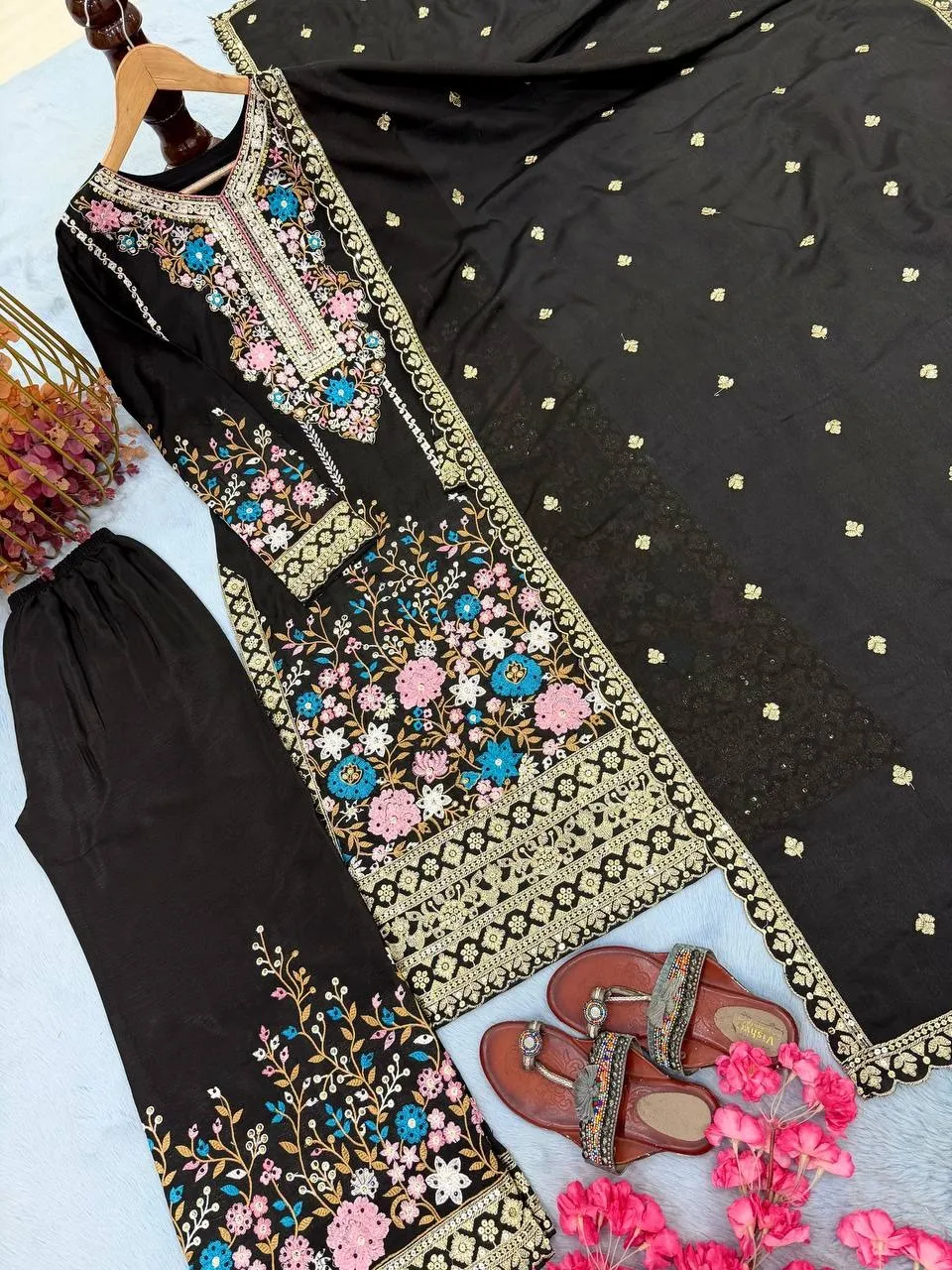 Black Embroidery Plazzo Readymade Pakistani Suit set - Image 2
