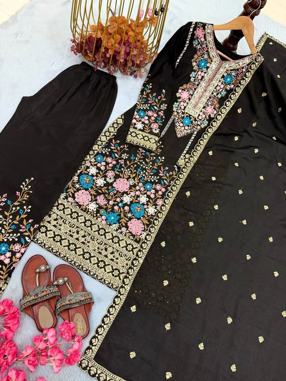 Black Embroidery Plazzo Readymade Pakistani Suit set - Image 3