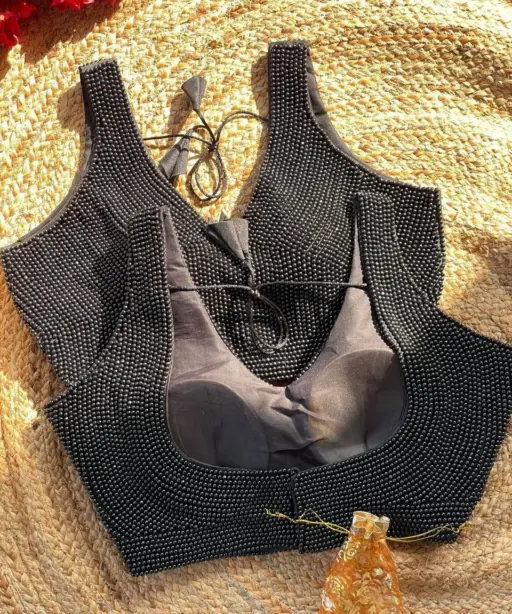 Black Pearl Moti Sleeveless Blouse for Wedding