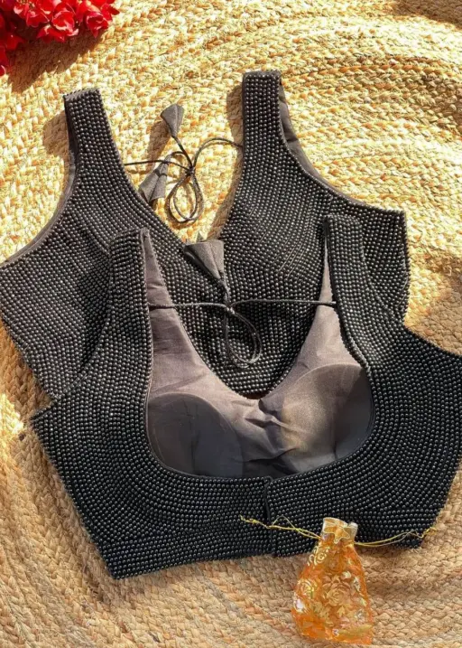 Black Pearl Moti Sleeveless Blouse for Wedding
