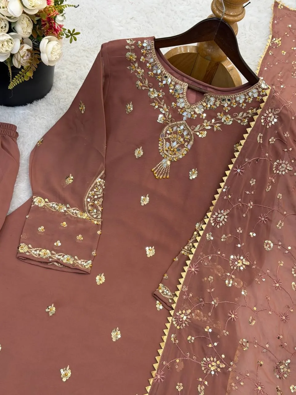Brown Straight Readymade Pakistani Suit Set - Image 3
