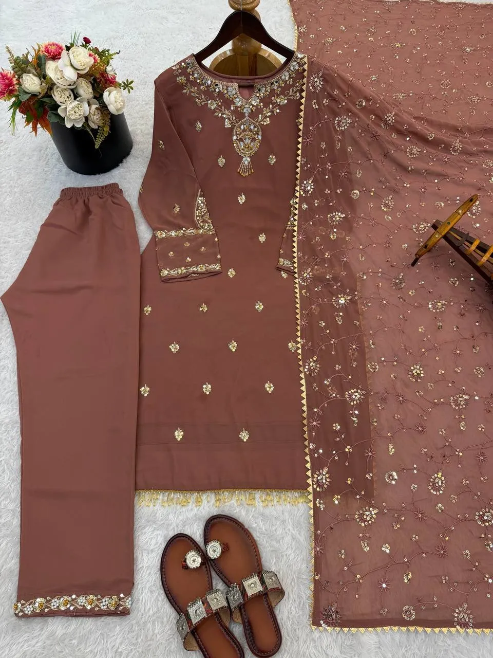 Brown Straight Readymade Pakistani Suit Set - Image 4