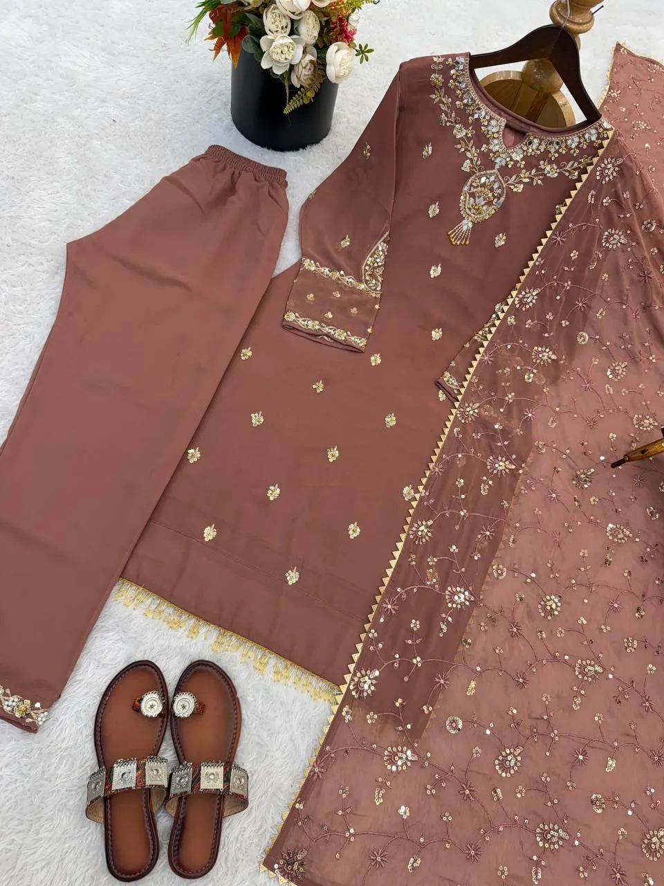 Brown Straight Readymade Pakistani Suit Set - Image 6