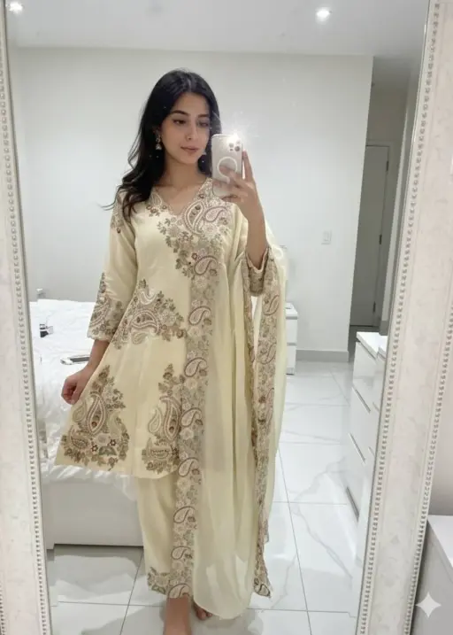 Creme Embroidered Pakistani Sharara