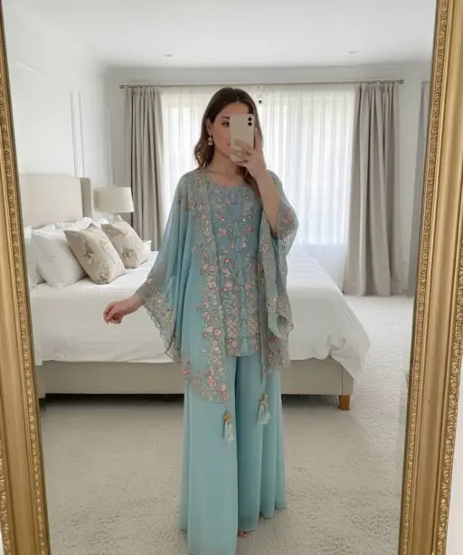 Designer Shrug Style Readymade Dress Blue