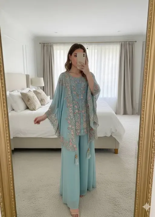 Designer Shrug Style Readymade Dress Blue