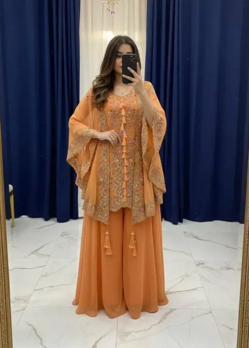 Designer Shrug Style Readymade Dress Orange