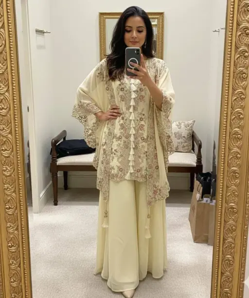 Designer Shrug Style Readymade Dress White