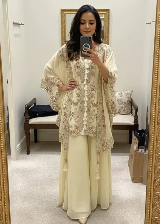 Designer Shrug Style Readymade Dress White