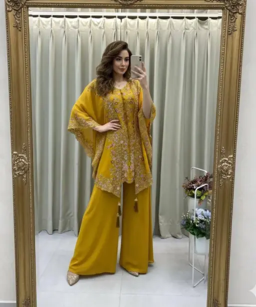 Designer Shrug Style Readymade Dress Yellow