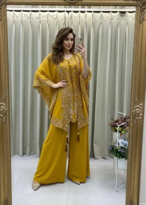 Designer Shrug Style Readymade Dress Yellow