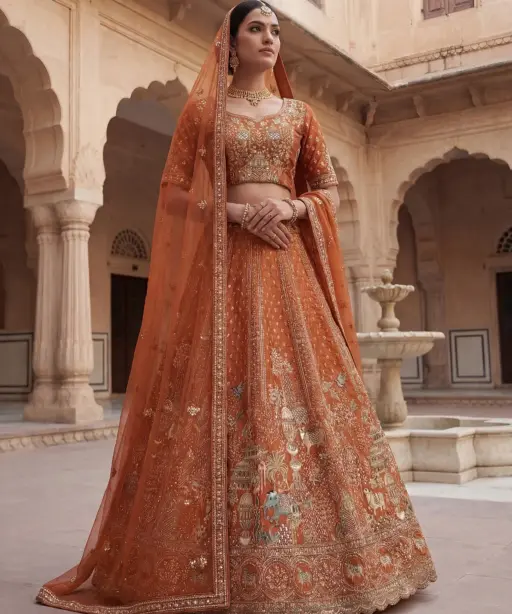 Double Dupatta Flared Bridal Lehenga Choli in Orange