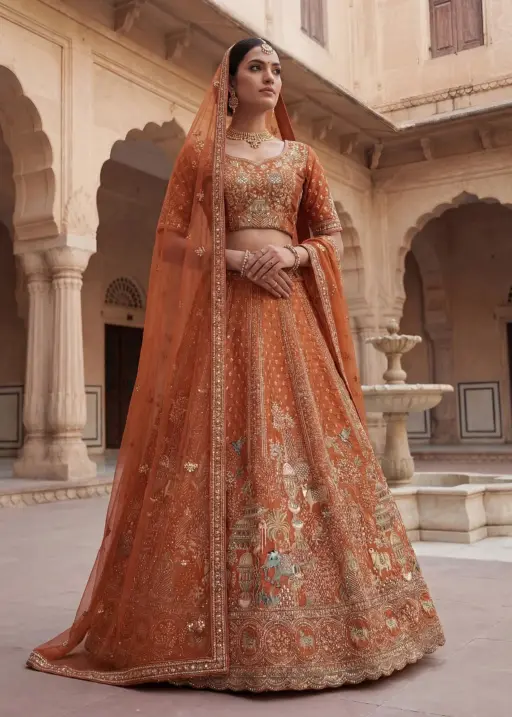 Double Dupatta Flared Bridal Lehenga Choli in Orange