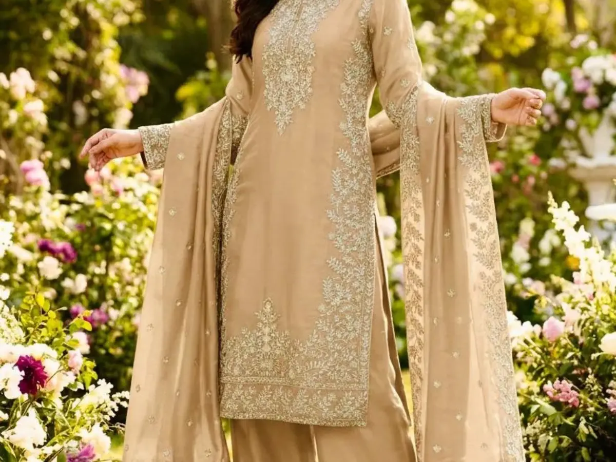 gold and brown wedding dress LIGHT BROWN KURTA SET WITH LOTUS PRINT DUPATTA
