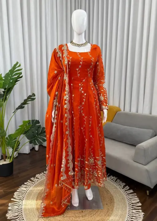 Eid Special Embroidery Orange Anarkali Suits