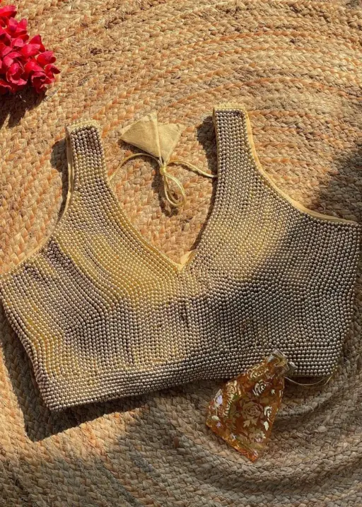 Golden Pearl Moti Sleeveless Blouse for Wedding