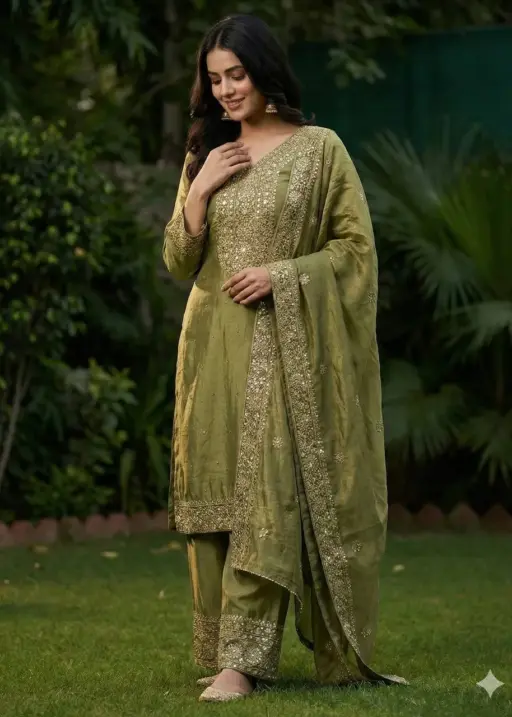 Green Straight Readymade Pakistani Suit Set