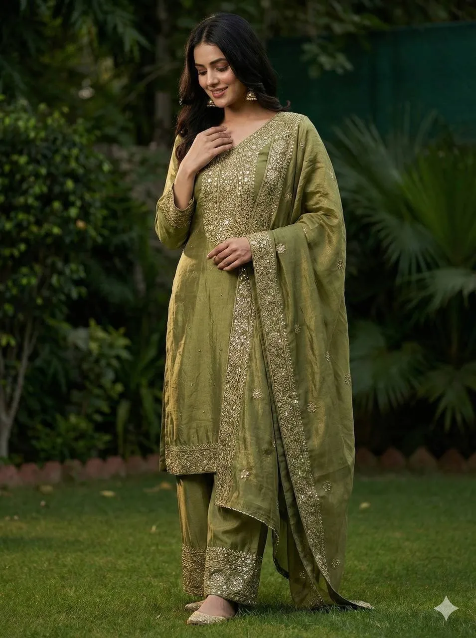 Green Straight Readymade Pakistani Suit Set
