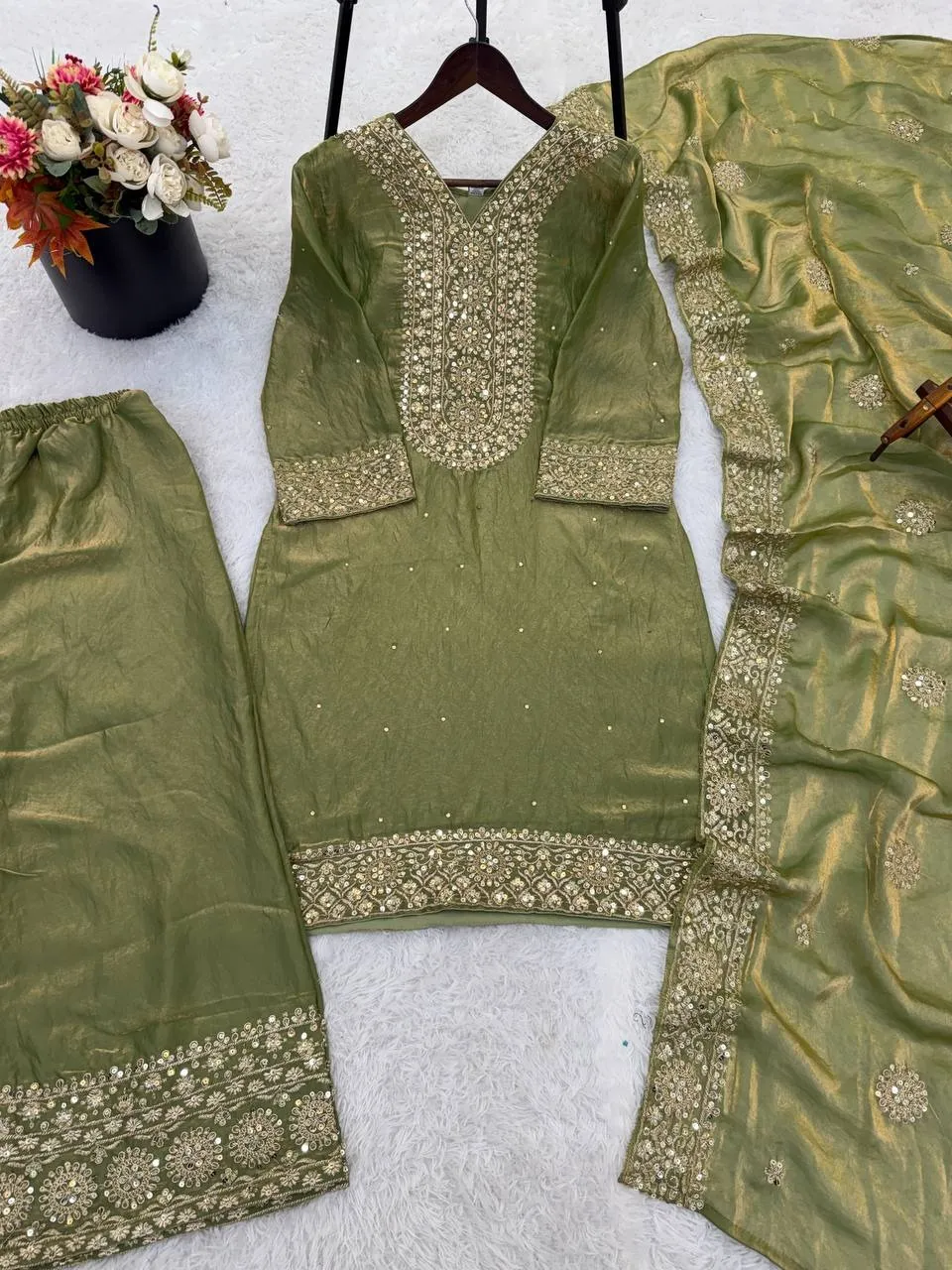 Green Straight Readymade Pakistani Suit Set - Image 4