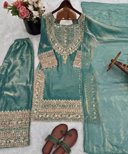 Mint Heavy Embroidery Straight Suit for Eid Festival